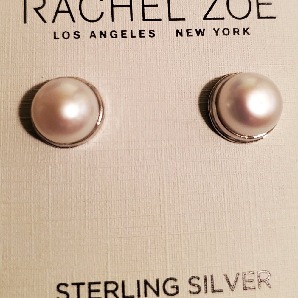 White Mabe Pearl stud earrings 925 sterling silver  round double bezel set
